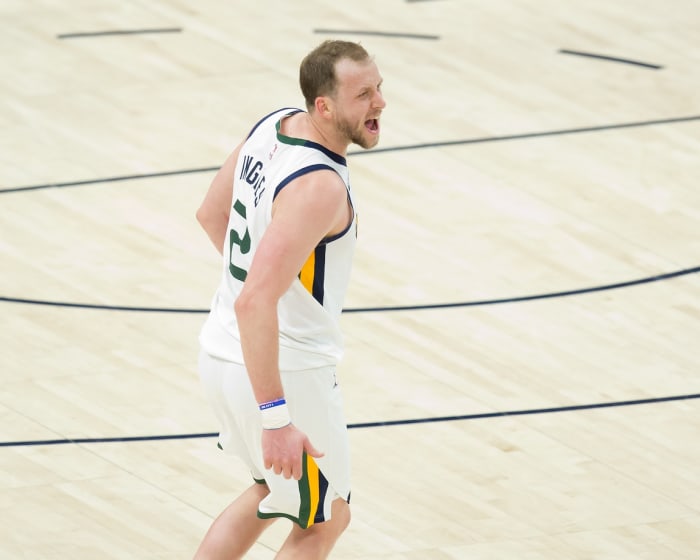 Joe Ingles (2) shows excitement during a Utah Jazz win
